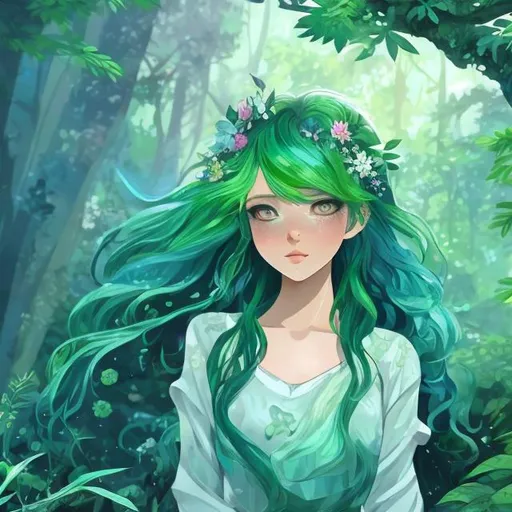 Prompt: Realistic anime illustration of a girl with vibrant green hair, flowing ombre dress in shades of green and blue, serene forest setting, detailed foliage and natural surroundings, realistic lighting and shadows, high quality, and detailed.