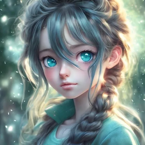 Prompt:  Realistic girl in anime, hyper detailed, long green wavy hair in a messy bun anime girl and has blue 
eyes,highly full character visible, soft lighting, high definition, ultra realistic, digital art.