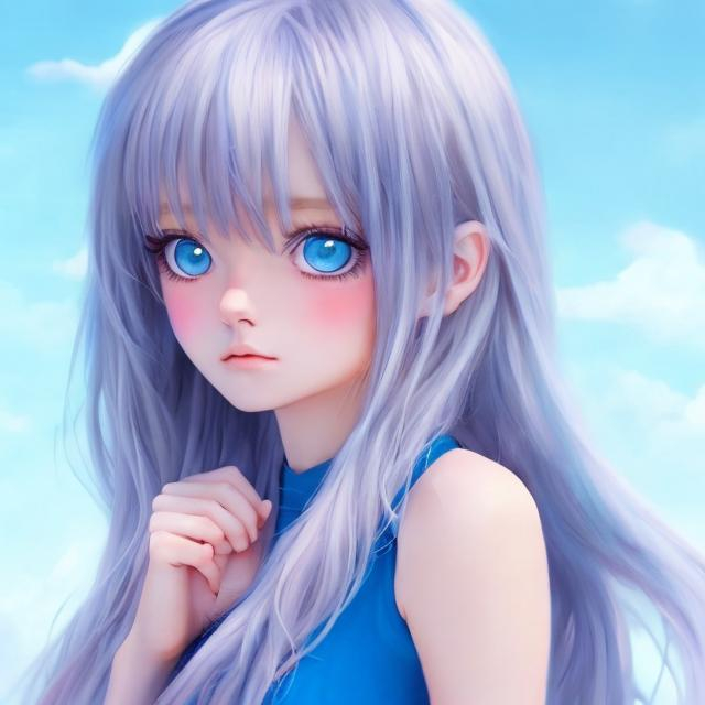 Prompt: realistic anime girl wearing a blue dress and has blue eyes and blond hair