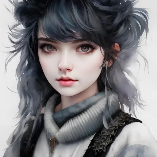 Prompt: very messy hair, a Watercolor portrait of a cute calm
 female halfling with very pale skin and ((very messy black hair with a white strand in the bangs)), ((grey eyes)), necromancer, Sorcerer, pastel colors, dreamy, ((black robes)) with only (black) turtle neck vest showing shoulders, by Ilya Kuvshinov and Alphonse Mucha, white lily flowers, pastel colors, dreamy, in a dynamic pose, soft light, in watercolor style, circle frame, masterpiece, high definition, 