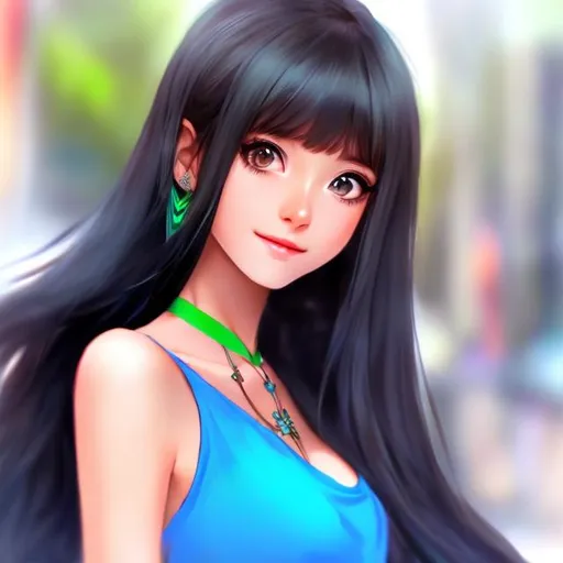 Prompt: A realistic anime girl with a blue dress and green eyes and has long black hair.