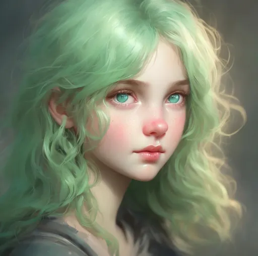 Prompt: Closeup face portrait of a girl, smooth soft skin,big green dreamy eyes, beautiful intricate colored hair, soft lighting, concept art, digital painting, 