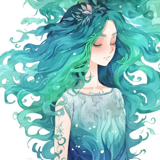 Prompt: Realistic anime illustration of a girl with vibrant green hair, flowing ombre dress in shades of blue, serene forest setting, 