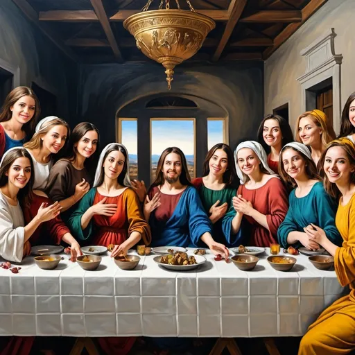 Prompt: Make an artistic picture with 12 happy women in modern outfit after the painting the last supper. sees from the long side of the table