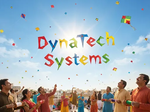 Prompt: “Create a cinematic Uttrayan kite-flying festival scene with a bright blue sky and soft clouds. Each letter of the company name ‘DynaTech Systems’ appears as a colorful kite made of paper fabric, flying naturally with wind physics and thin strings attached. Letters enter one by one, wobbling and soaring like real kites, then align mid-air to form the company name. Festive Indian atmosphere, smooth camera motion, sun flare, joyful mood, high-quality animation, 16:9, brand-friendly.”