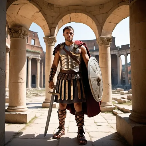 Prompt: Create an image of a gladiator similar to the character Maximus from the movie "Gladiator", leaving the exit of a modern hospital. The gladiator should be wearing his full armor, including helmet, breastplate, and bracers, but with a modern twist, such as a bandaged arm or leg, suggesting he has just received medical attention. He must have a determined and confident facial expression. The hospital exit must have contemporary elements, such as automatic glass doors and medical signage, as well as architectural details that hark back to Roman antiquity, such as columns or mosaics on the floor. In the background include a clear and recognizable view of the Roman Colosseum, partially in ruins, highlighting its antiquity but visible and impressive. The gladiator may be carrying a modern hospital bag in one hand and his sword or shield in the other, with people around him looking in surprise and some taking photos with their cell phones. The lighting should be natural, as if it were a sunny day, to highlight the details and contrasts between the modern and the old. The art style should be realistic with an artistic flair, using vibrant colors and sharp details.