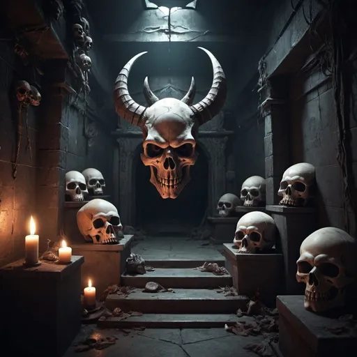 Prompt: A creepy environment with demon skulls