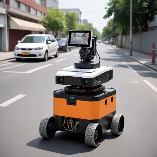 Prompt: A special robot with scanning camera for mapping the sidewal and can fill the potholes in the sidewalk's streets with asphalt in its container and compresses the filling to harden.