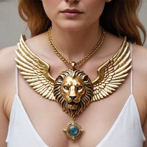 Prompt: a large golden pendant necklace with a winged lion
keep it the same but make the eyes friendlier
