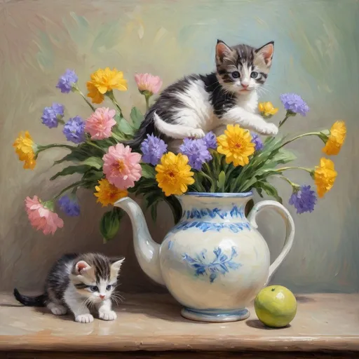 Prompt: An impressionist Monet style oil painting of a kitten knocking over a pitcher of flowers