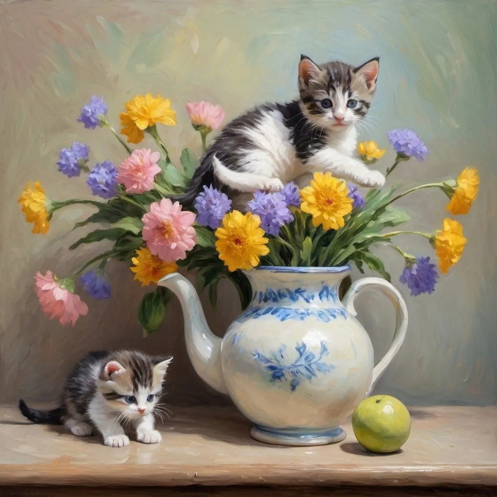 Prompt: An impressionist Monet style oil painting of a kitten knocking over a pitcher of flowers