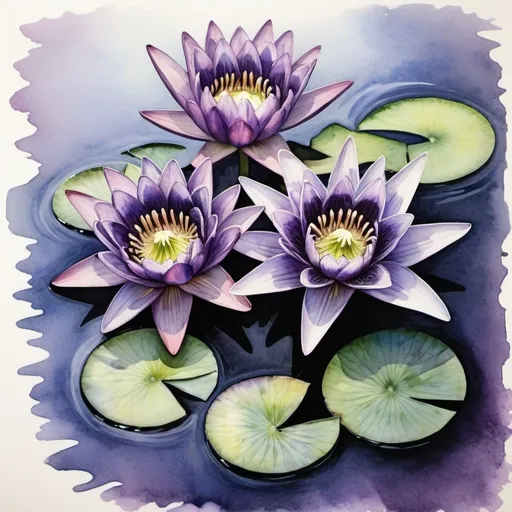 Prompt: Water color  of water Lillie’s in gothic style of Edgar Allen Poe. Give romantic style like Emily Dickinson. Use pale purples horizontal view.