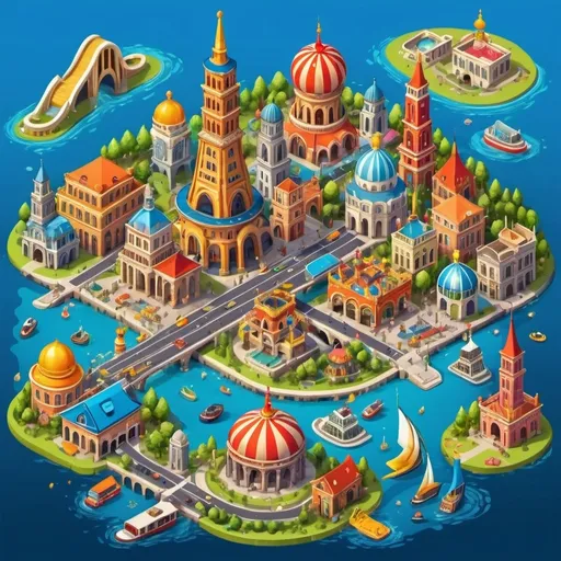 Prompt: An cartoon isometric top down cartoon colorful and whimsical city with various architectural styles, including tall towers, domes, and bridges. The city is surrounded by a body of water and has a theme park-like atmosphere with rides and attractions. The overall style is vibrant and fantastical