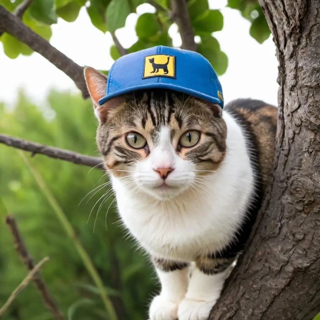 Prompt: a cat on a tree,cat have wearing a cap