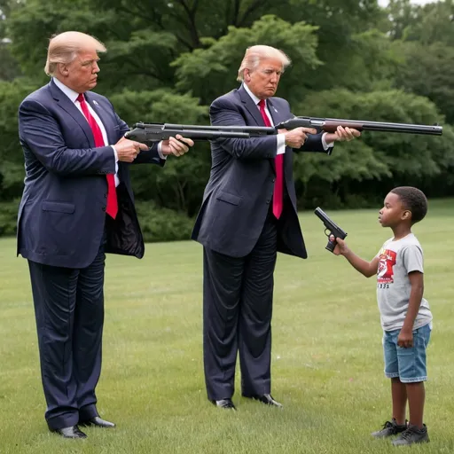 Prompt: trump shooting a black kid with a shotgun


