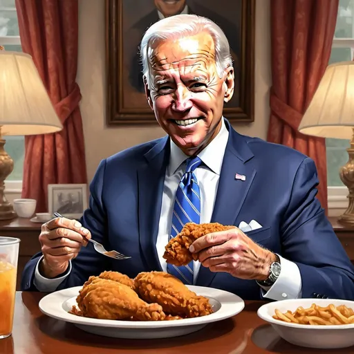 Prompt: Realistic digital painting of President Biden enjoying a southern fried chicken meal, warm and inviting color palette, detailed facial expression with a genuine smile, traditional and homely atmosphere, high quality, realistic, warm tones, detailed texture, inviting ambiance and retarted looking,