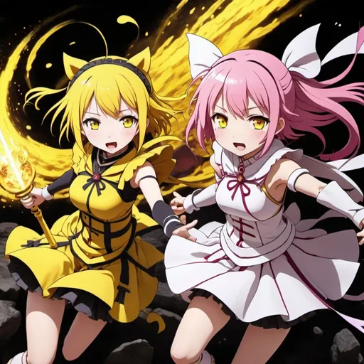 Prompt: Japanese Anime Girl And Transformed In Puella Magi , In The Style Of the japanes anime Puela Magi Madoka Magica but in yellow, in epic battle scene, and in a magia fight
