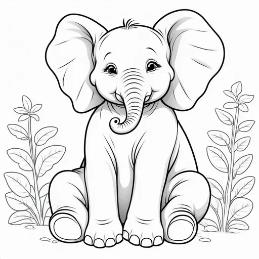 Prompt: cute baby elephant sitting down, outline for coloring book, white background