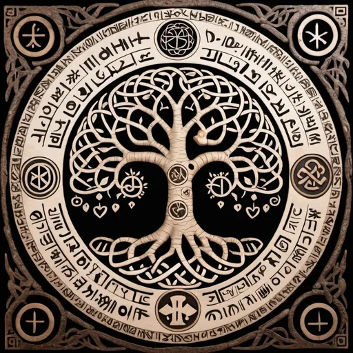 Prompt: tree of life symbol surrounded by runes that depict the eternity of time