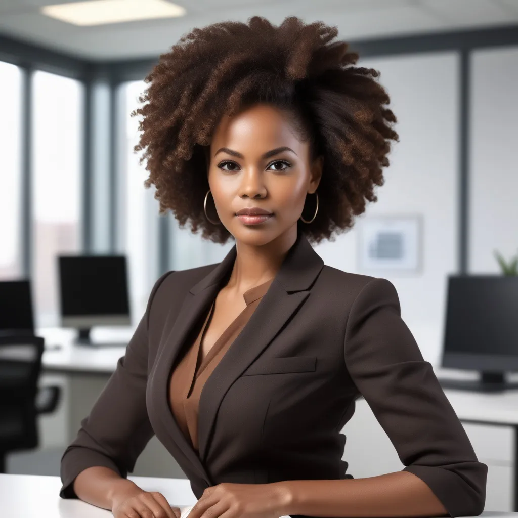 Prompt: /imagine A beautiful 33-year-old African woman with a warm brown complexion, stunning Afro-textured hair styled naturally, wearing professional attire that complements her well-defined figure, exuding confidence and intelligence, subtle makeup enhancing her features, standing in a modern office setting with a thoughtful expression – realistic, cinematic, professional, elegant. -- ar 16:9