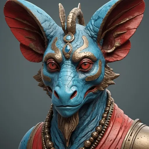 Prompt: Create a realistic creature in modern style with vintage and old surfaces, blue, bronze and red color