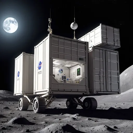 Prompt: a living environment for the moon that is built in with a shipping container-shaped modular system.  Each module has different functions.  One of the modules serves as a medical lab, another serves as living quarters, yet another is used to grow food.  They can be stacked side by side or on top of each other to create communities or even manufacturing facilities on the moon.  The modules will be shipped to the moon on large space transport vehicles.  The modules have landing equipment that help them be moved into place

