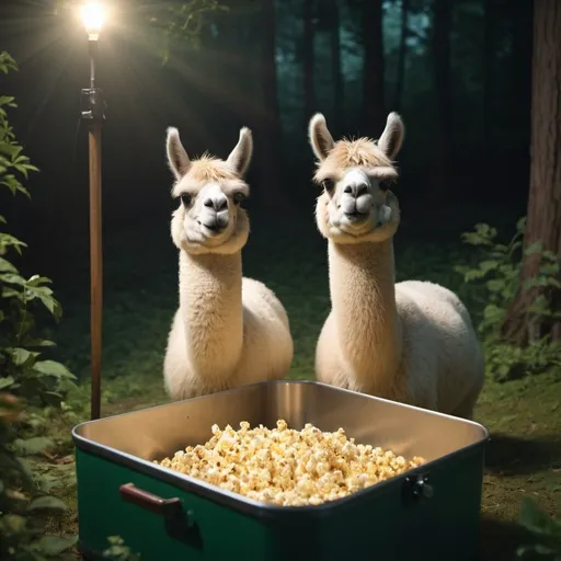 Prompt: Llamas enjoying vintage movies in the forest, cozy atmosphere, lush greenery, vintage film projector, warm and nostalgic, detailed fur, cozy, lush green, nostalgic, atmospheric lighting, eating popcorn, andy warhol style