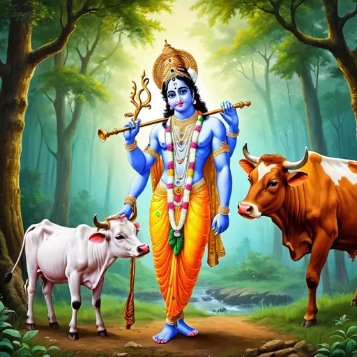 Prompt: image like a panting of lord krishna in forest beground standing in front of cow basuri in hand