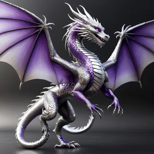 Prompt: Create realistic images of a female dragon with shimmering silver scales and touches of purple, agile, fast, graceful, elegant, delicate but fierce, loyal,  aggresive towards strangers but loving with rider. Looks like a dancer when flying, light catches and reflects onto her silver wings and scales. Set in the world and therefore style of House of the Dragon.