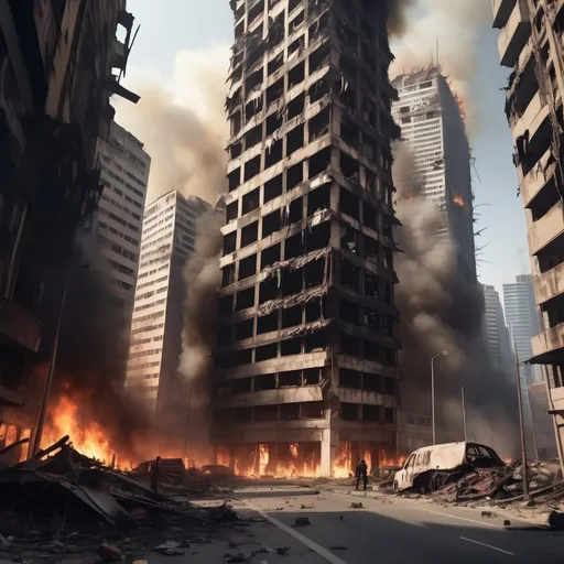 Prompt: Extremely destroyed city, badly destroyed skyscrapers, road, smashed buildings at the sides. Rotting human corpses all over the place, headless, entrails hanging out, terror, gore, bloody buildings, lots of skyscrapers. Fire burning all over, heavily armed people walking around.