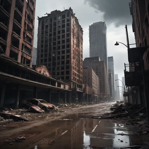 Prompt: Extremely destroyed city, badly destroyed skyscrapers, road, smashed buildings at the sides. Rotting human corpses all over the place, headless, entrails hanging out, terror, gore, bloody buildings, lots of skyscrapers, eerie atmosphere, dark sky, raining heavily, Last of us vibe, Texas.