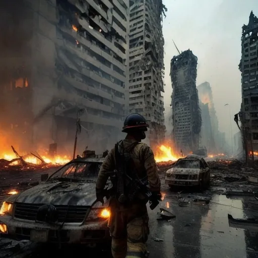 Prompt: A really badly destroyed city, skyscrapers are torn apart and on fire, destroyed cars laying everywhere, it is at night, no lights are on because the buildings are destroyed really badly, guys with masks and rifles walking around. A huge, destroyed tank in front of the picture 