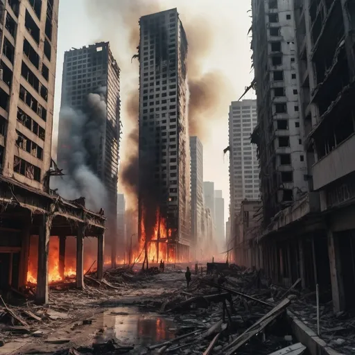 Prompt: Extremely destroyed city, badly destroyed skyscrapers, road, smashed buildings at the sides. Rotting human corpses all over the place, headless, entrails hanging out, terror, gore, bloody buildings, lots of skyscrapers. Fire burning all over.