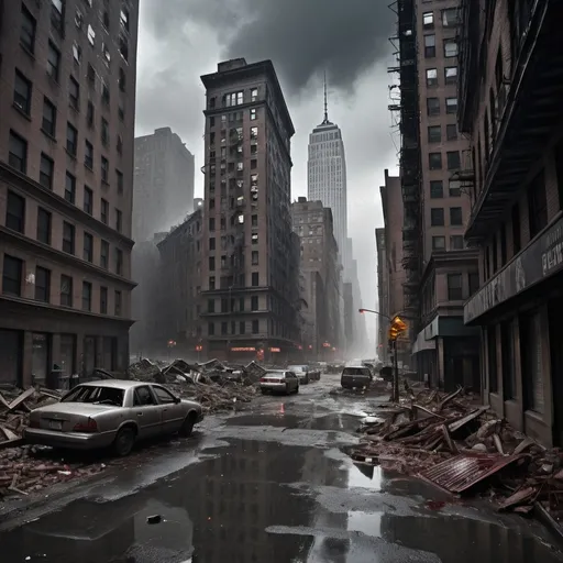 Prompt: (dramatic scene of an extremely destroyed city), (badly damaged skyscrapers), (smashing debris everywhere), (rotting human corpses), (headless human bodies, entrails hanging out), (startling horror, blood-soaked buildings), eerie atmosphere, dense overcast sky, heavy rain pouring down, haunting silence, (ultra-detailed, high-resolution), unsettling and grim mood. New York 