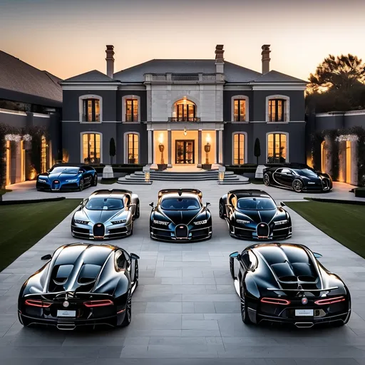 Prompt: Five black mix with silver Bugatti Chiron Super Sport 300+ parking next to each other in a row in a massive yard of a luxurious and modern mansion. Sunset