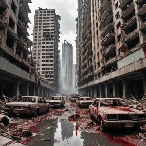 Prompt: Extremely destroyed city, badly destroyed skyscrapers, road, smashed buildings at the sides. Rotting human corpses all over the place, headless, entrails hanging out, terror, gore, bloody buildings, lots of skyscrapers.