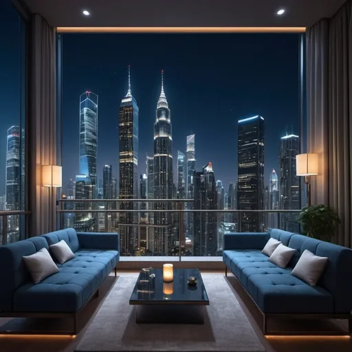 Prompt: modern and beautiful metropolis, (luxurious balcony with a set of couch and table), nighttime setting, (striking city skyline), illuminated skyscrapers glistening under the stars, vibrant neon lights reflecting off glass buildings, deep navy blue sky, (tranquil atmosphere), ultra-detailed, with a sense of grandeur and elegance, (luxuriant ambiance), soft ambient lighting emphasizing architectural details. Lots of  extremely tall and modern skyscrapers with lights.