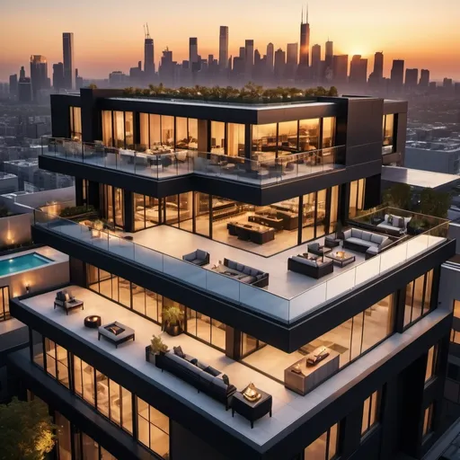 Prompt: A massive, luxurious and modern black color penthouse, from the outside