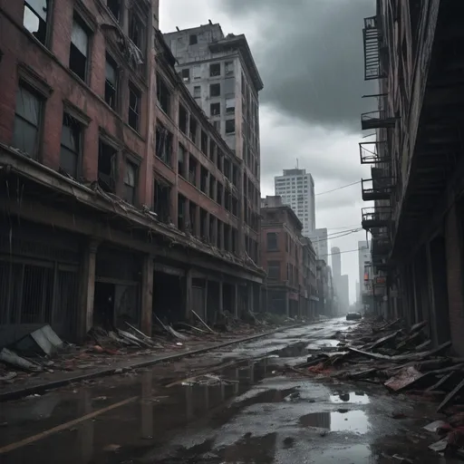 Prompt: Extremely destroyed city, badly destroyed skyscrapers, road, smashed buildings at the sides. Rotting human corpses all over the place, headless, entrails hanging out, terror, gore, bloody buildings, lots of skyscrapers, eerie atmosphere, dark sky, raining heavily, Last of us vibe.