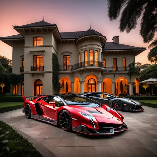 Prompt: Eight black mix with red Lamborghini Veneno and Lamborghini Aventador SVJ without roof parking next to each other in a row in a massive yard of a luxurious and modern mansion. Sunset