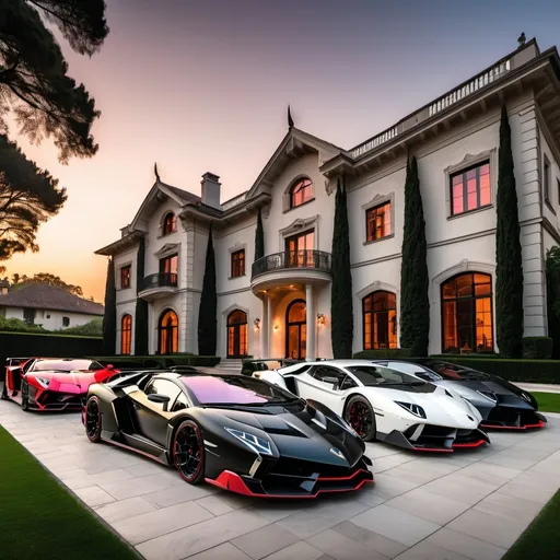 Prompt: Eight black mix with red Lamborghini Veneno and Lamborghini Aventador SVJ without roof parking next to each other in a row in a massive yard of a luxurious and modern mansion. Sunset