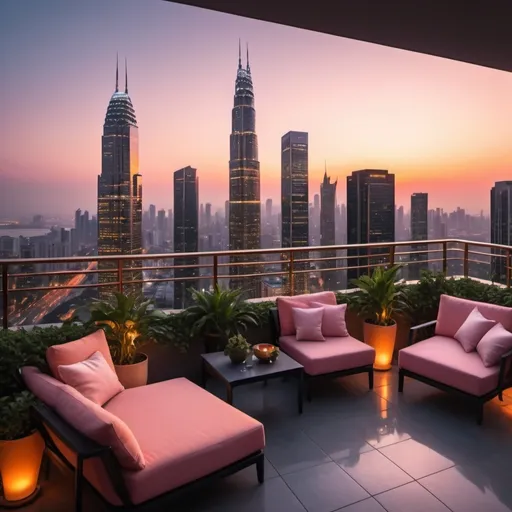 Prompt: (vibrant sunset), a stunning modern city skyline illuminated by warm hues of orange and pink, viewed from a massive, elegantly designed balcony, luxurious outdoor furniture, lush greenery, and stylish decor, atmospheric and serene, soft golden light spilling over the edge, ultra-detailed, 4K, cinematic composition, captivating depth and perspective. Lots of modern and extremely tall skyscrapers with lights