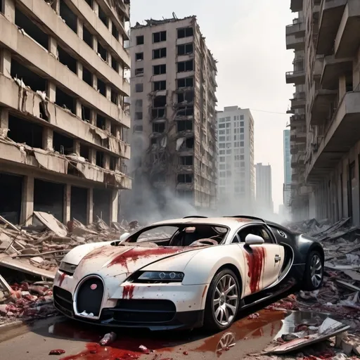 Prompt: Extremely destroyed city, badly destroyed skyscrapers, road, smashed buildings at the sides. Rotting human corpses all over the place, headless, entrails hanging out, terror, gore, blood, destroyed and crashed Bugatti Chirons.