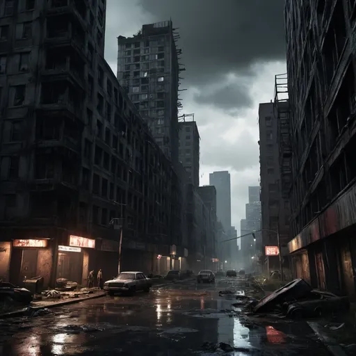 Prompt: (misc-dystopian style), Extremely destroyed cityscape, ominously dark color scheme, tattered skyscrapers, shattered roads, blood-soaked ruins, rotting human corpses, horrifying details (headless, entrails hanging out), spine-chilling atmosphere, heavy rain, foreboding dark sky, horror aesthetics, echoes of terror, vivid gore, overwhelming eeriness, reminiscent of Last of Us, ultra-detailed, high quality, cinematic depth.