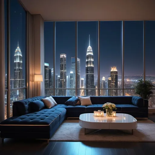 Prompt: modern and beautiful metropolis, (luxurious balcony with a set of couch and table), nighttime setting, (striking city skyline), illuminated skyscrapers glistening under the stars, vibrant neon lights reflecting off glass buildings, deep navy black sky, (tranquil atmosphere), ultra-detailed, with a sense of grandeur and elegance, (luxuriant ambiance), soft ambient lighting emphasizing architectural details. Lots of extremely tall and modern skyscrapers with lights. 