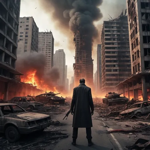 Prompt: Extremely destroyed city, badly destroyed skyscrapers, road, smashed buildings at the sides. Rotting human corpses all over the place, headless, entrails hanging out, terror, gore, bloody buildings, lots of skyscrapers. Fire burning all over, eerie atmosphere, slightly bright sky, an armed man standing from afar next to a destroyed tank.