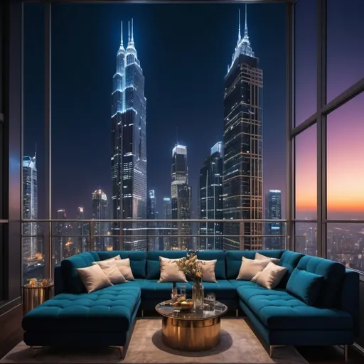 Prompt: modern and beautiful metropolis, (luxurious balcony with a set of couch and table), nighttime setting, (striking city skyline), illuminated skyscrapers glistening under the stars, vibrant neon lights reflecting off glass buildings, deep navy blue sky, (tranquil atmosphere), ultra-detailed, with a sense of grandeur and elegance, (luxuriant ambiance), soft ambient lighting emphasizing architectural details. Lots of  extremely tall and modern skyscrapers with lights.