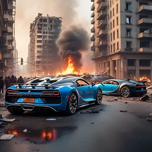 Prompt: A really badly destroyed city, skyscrapers are torn apart and on fire, destroyed cars laying everywhere, it is at night, no lights are on because the buildings are destroyed really badly, guys with masks and rifles walking around. A huge, destroyed Bugatti Chiron in front of the picture 