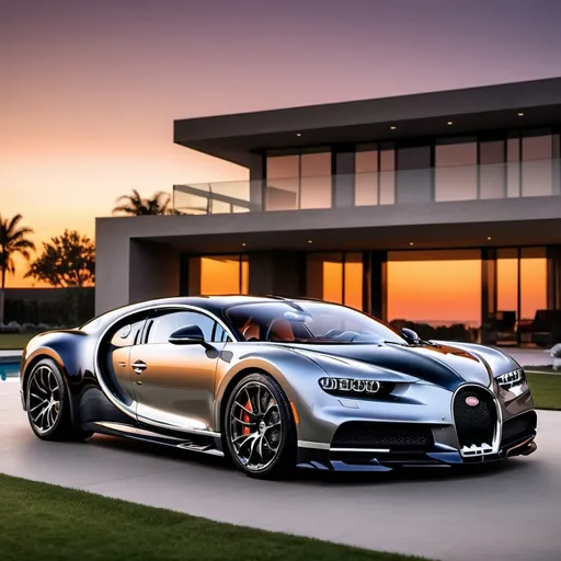 Prompt: Five black mix with silver Bugatti Chiron Super Sport 300+ parking next to each other in a row in a massive yard of a luxurious and modern mansion. Sunset