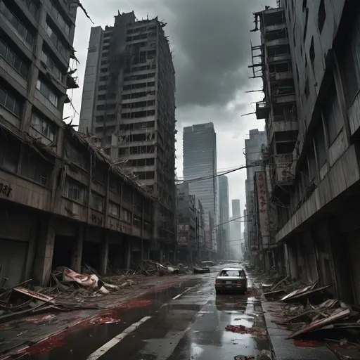 Prompt: Extremely destroyed city, badly destroyed skyscrapers, road, smashed buildings at the sides. Rotting human corpses all over the place, headless, entrails hanging out, terror, gore, bloody buildings, lots of skyscrapers, eerie atmosphere, dark sky, raining heavily, Last of us vibe, Tokyo.